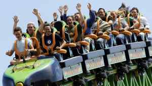 Riders take on one of Six Flag's many coasters.