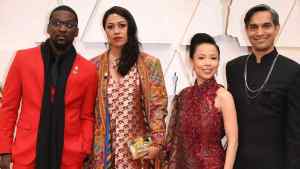 US filmmaker Sami Khan (R), US producer Smriti Mundhra (2nd L), producer Poh Si-Teng and Bruce Franks Jr. arrive for the 92nd Oscars.