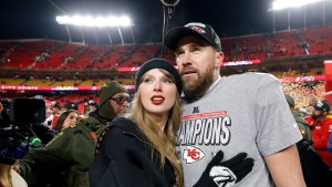 Taylor Swift and Travis Kelce celebrating his most recent AFC Championship.