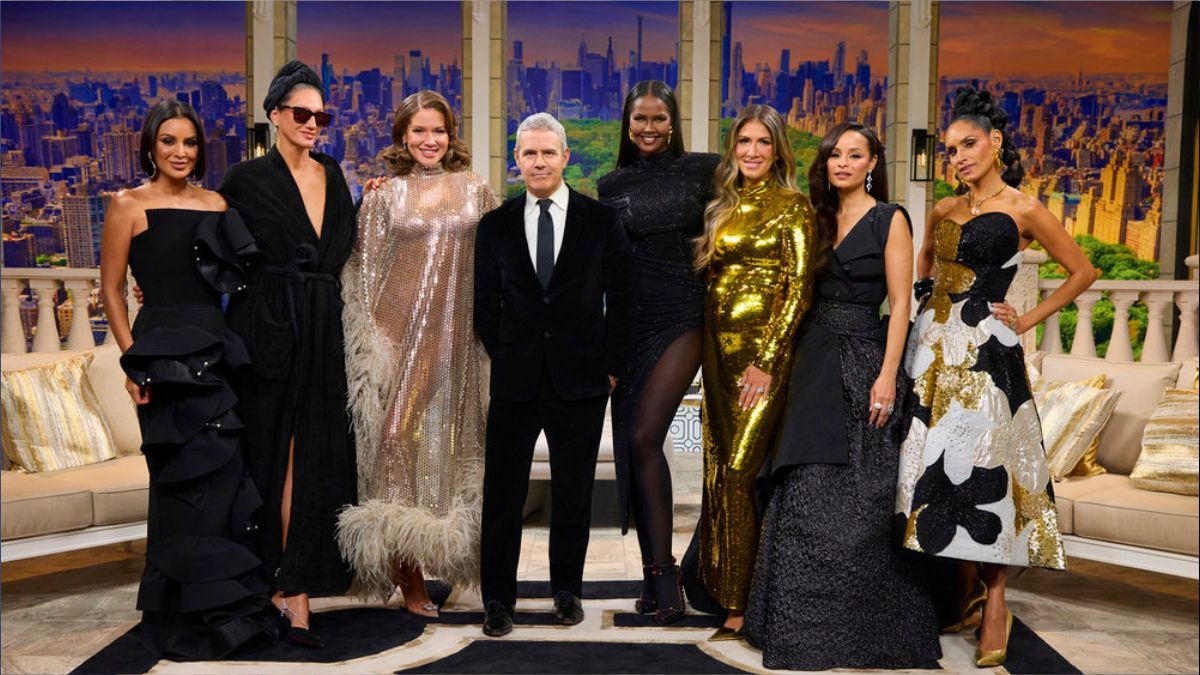 The cast of season 15 of RHONY with Bravo boss Andy Cohen