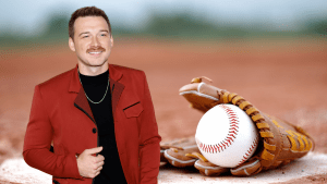 Morgan Wallen wears a red jacket next to a baseball glove