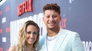 Brittany Mahomes and Patrick Mahomes attend the Netflix Premiere of "Quarterback" at Netflix Tudum Theater on July 11, 2023