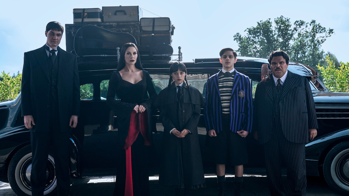 Joonas Suotamo as Lurch, Catherine Zeta-Jones as Morticia Addams, Jenna Ortega as Wednesday Addams, Isaac Ordonez as Pugsley Addams, Luis Guzmán as Gomez Addams, and Victor Dorobantu as Thing in "Wednesday" Season 2 Teaser Trailer