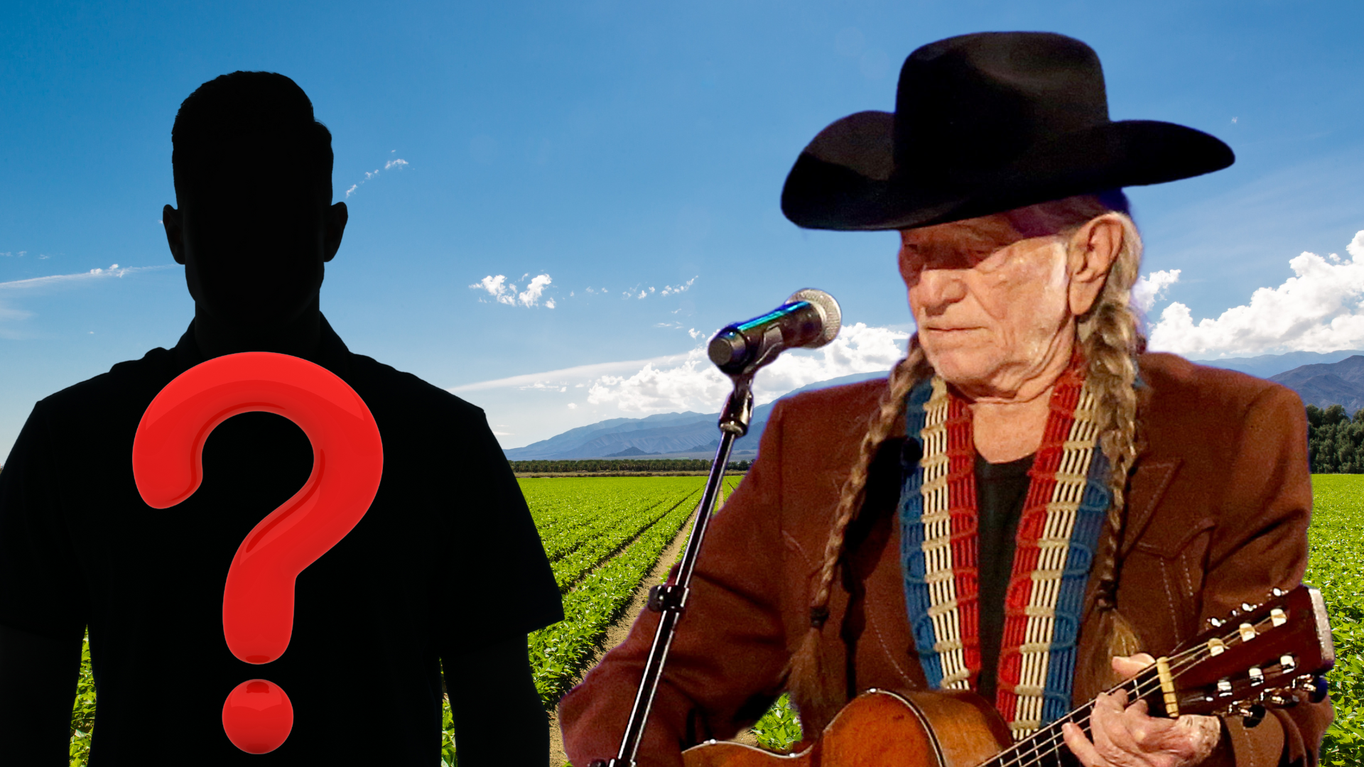Willie Nelson and a mystery man performing outdoors