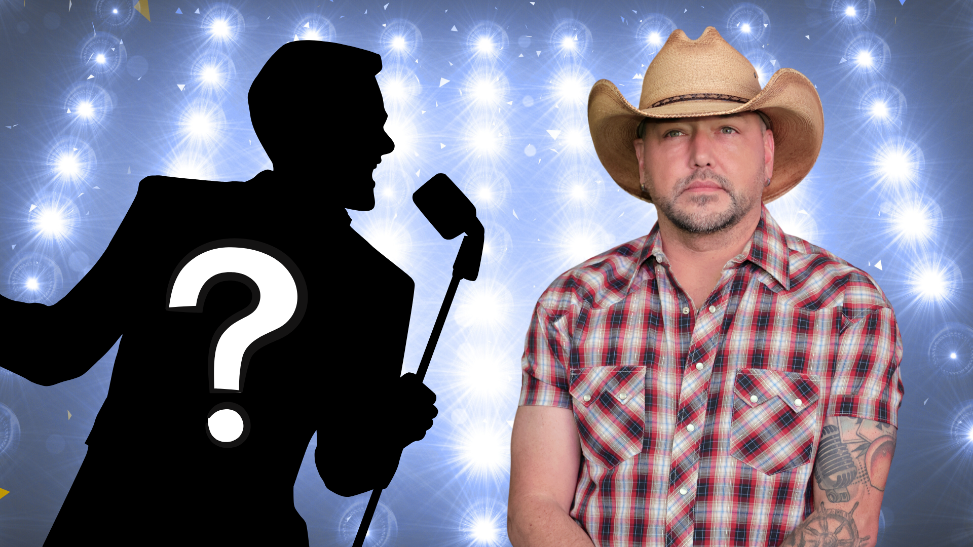 Jason Aldean posing on stage next to a mystery singer