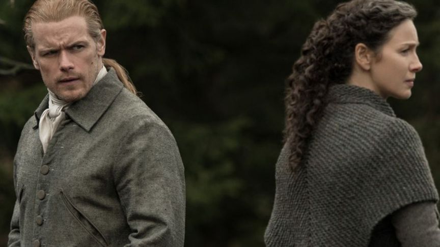 Sam Heughan as Jamie Fraser and Caitriona Balfe as Claire Fraser on Outlander