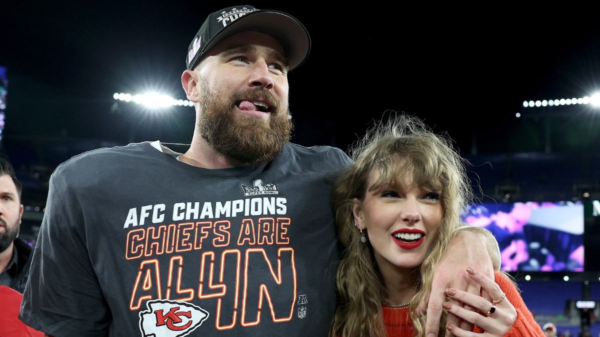 Travis Kelce #87 of the Kansas City Chiefs celebrates with Taylor Swift after a 17-10 victory against the Baltimore Ravens in the AFC Championship Game at M&T Bank Stadium on January 28, 2024