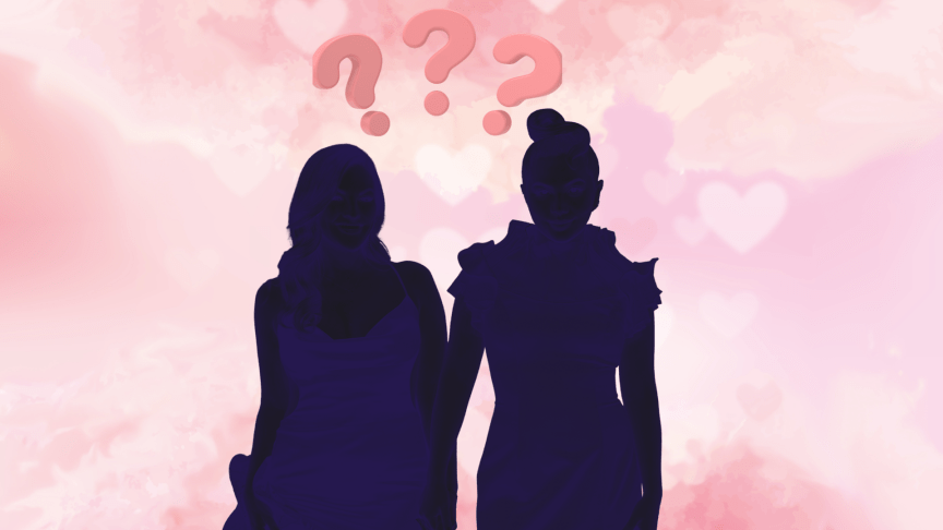 Becca Tilley and Hayley Kiyoko silhouette in front of pink hearts