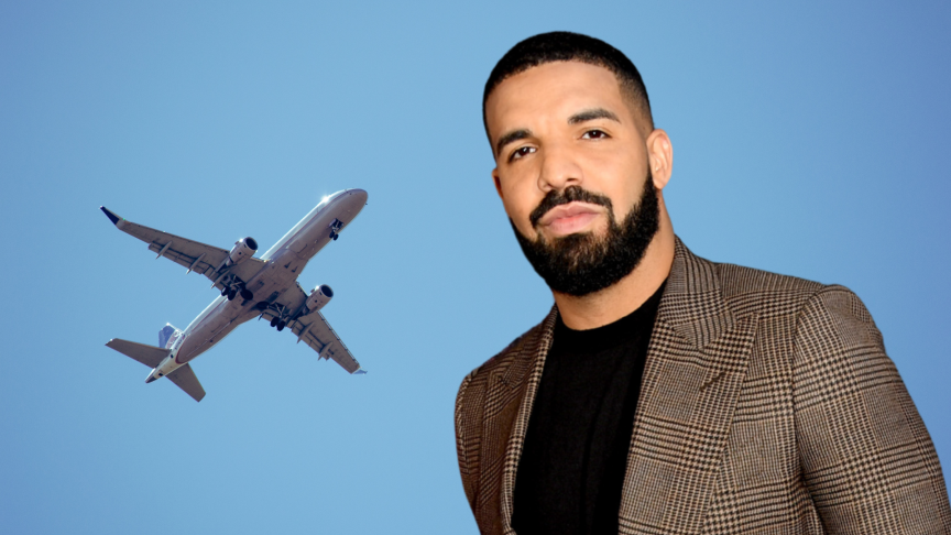 Drake next to a flying airplane