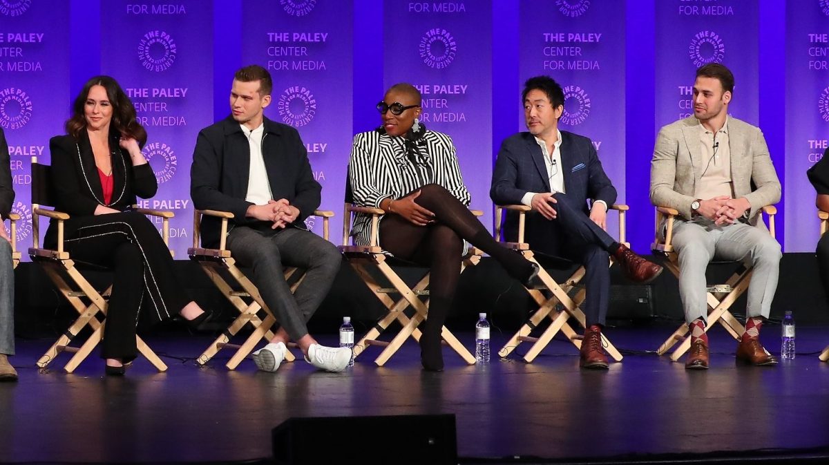 "9-1-1" cast members (Jennifer Love Hewitt, Oliver Stark, Aisha Hinds, Kenneth Choi, and Ryan Guzman) at PaleyFest LA in 2019