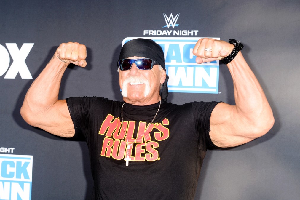 Hulk Hogan flexing and smiling
