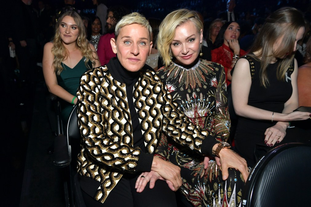 Ellen DeGeneres and Portia de Rossi sitting together.