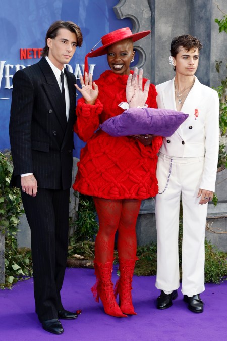 Georgie Farmer, Joy Sunday, and Oliver Watson attend the "Wednesday" Season 2, Part 1 Global Premiere in 2025