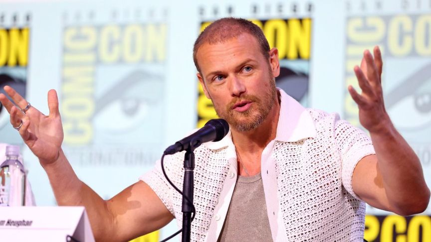 Sam Heughan speaks onstage at the 'Outlander: A Timeless Look Back at the Iconic Series and a First Look at the Final Season' panel during Day 2 of STARZ during San Diego Comic-Con on July 25, 2025 in San Diego, California