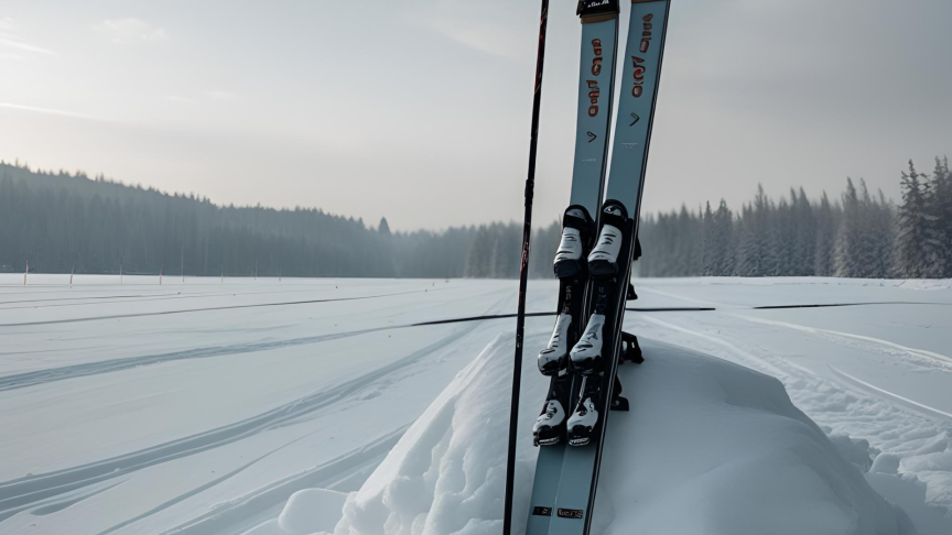 Skis propped up against a snow dune in a field
