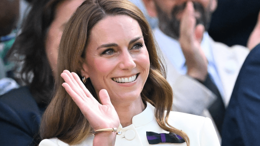 Britain's Catherine, Princess of Wales waves at Wimbledon 2025
