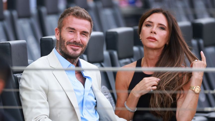 Co-owner David Beckham of Inter Miami CF and wife Victoria Beckham react prior to the Leagues Cup 2023 match between Inter Miami CF and Atlanta United at DRV PNK Stadium on July 25, 2023 in Fort Lauderdale, Florida