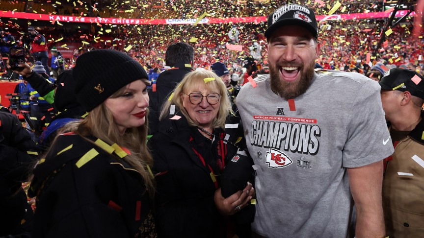 Donna Kelce, Taylor Swift and Travis Kelce celebrate the Kansas City Chiefs win