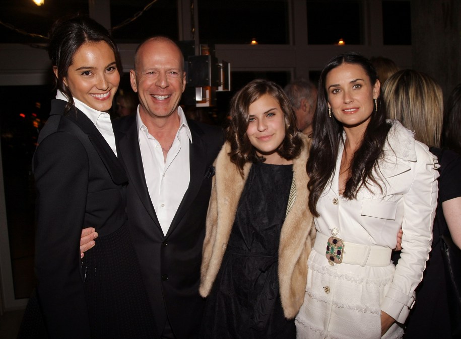 Actress Emma Hemming, actor Bruce Willis, his daughter Tallulah Belle Willis, and her mother actress Demi Moore 