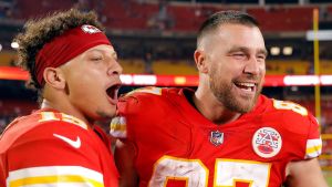 Patrick Mahomes #15 and Travis Kelce #87 of the Kansas City Chiefs