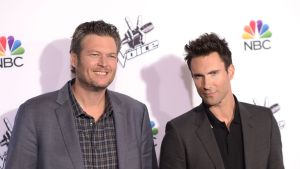 Singers Blake Shelton and Adam Levine attend NBC's "The Voice" Season 7 Red Carpet Event at Universal CityWalk on November 24, 2014 in Universal City, California