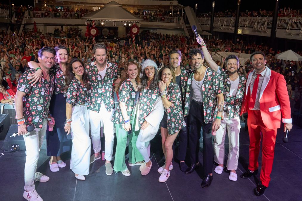 Hallmark stars including Erin Cahill and Paul Campbell (4th and 5th from the left) were on board the second Hallmark Christmas Cruise of 2024.