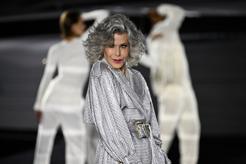 US actress Jane Fonda presents a creation for L'Oreal Paris show "Walk Your Worth"