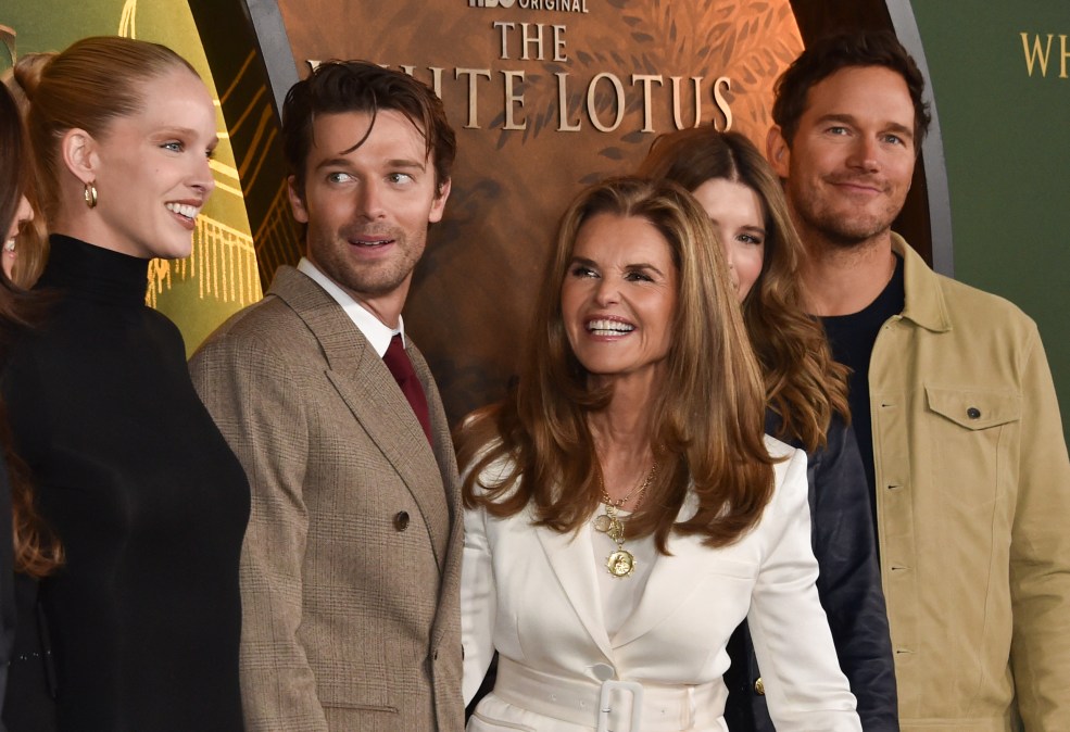 US actor Patrick Schwarzenegger (2nd L) with his fiance Abby Champion (L), his mother Maria Shriver (C), sister Katherine Schwarzenegger and her husband actor Chris Pratt attend the season three premiere of HBO's "The White Lotus" at Paramount Studios in Los Angeles on February 10, 2025. 