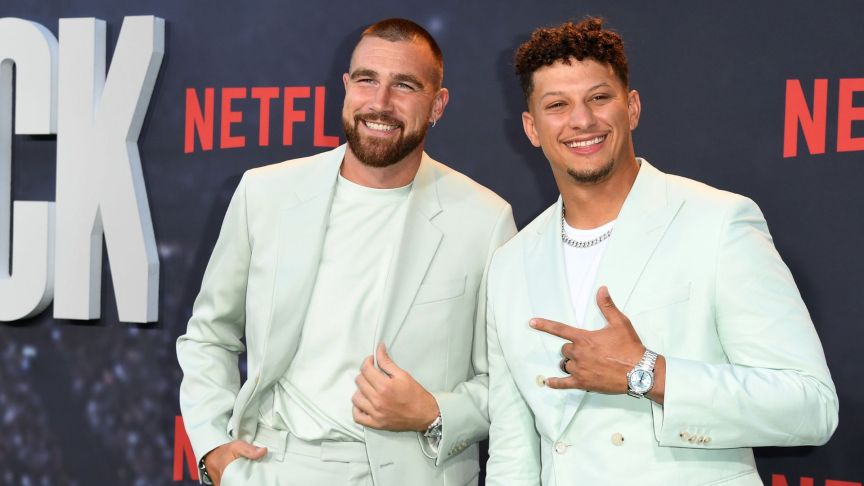 Travis Kelce and Patrick Mahomes attend the Los Angeles Premiere Of Netflix's "Quarterback" at TUDUM Theater on July 11, 2023 in Hollywood, California