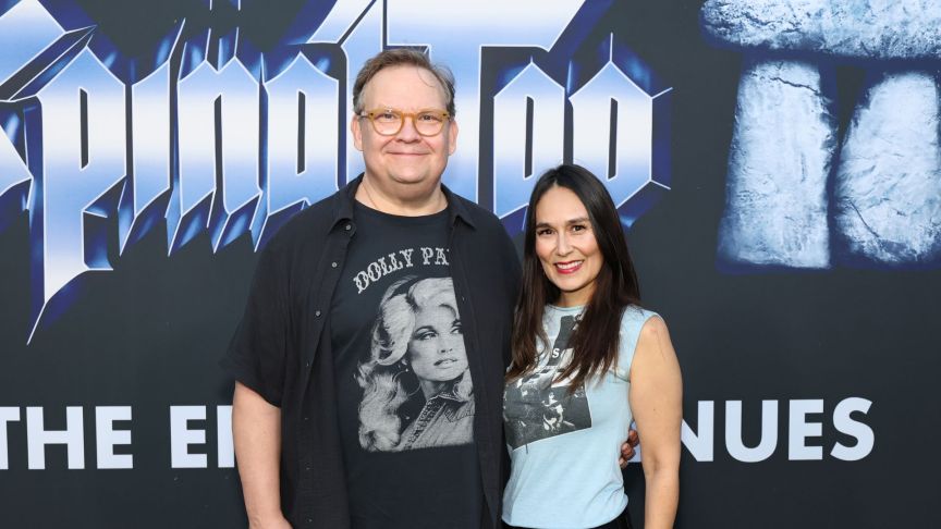 Andy Richter and Jennifer Herrera attend the premiere of "Spinal Tap II: The End Continues" at The Egyptian Theatre Hollywood on September 09, 2025