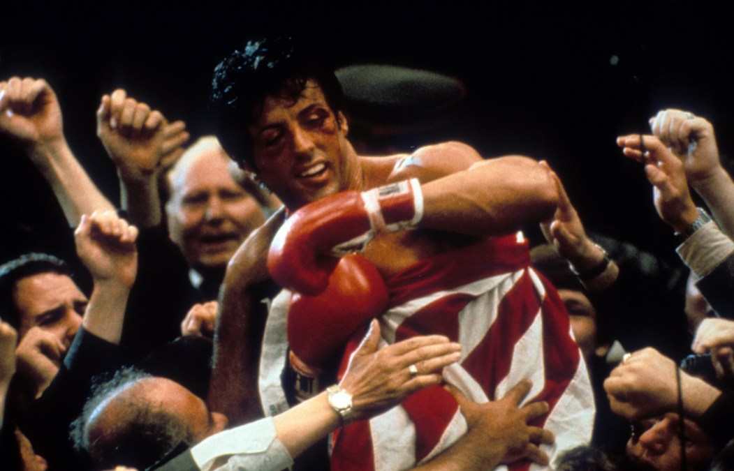 Sylvester Stallone after winning in a scene from the film 'Rocky IV',