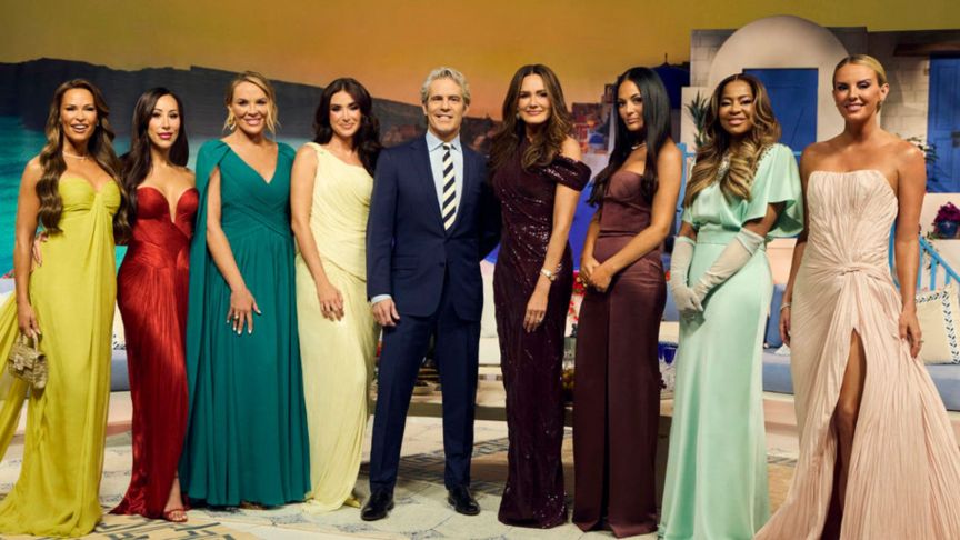 THE REAL HOUSEWIVES OF SALT LAKE CITY -- Season:6 -- Pictured: (l-r) Britani Bateman, Angie Katsanevas, Heather Gay, Bronwyn Newport, Andy Cohen, Meredith Marks, Lisa Barlow, Mary Cosby, Whitney Rose