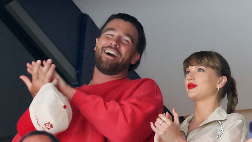 Travis Kelce, left, and Taylor Swift react as the Edmonton Oilers and the Florida Panthers play during the first period in Game Four of the 2025 Stanley Cup Final at Amerant Bank Arena on June 12, 2025