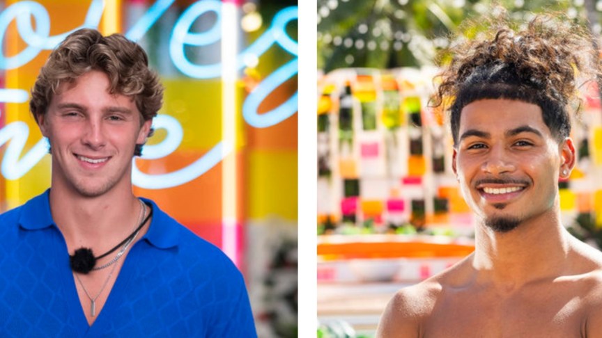Caleb McDaniel smiles in a blue shirt on the left. Sincere Rhea smiles shirtless on the right.