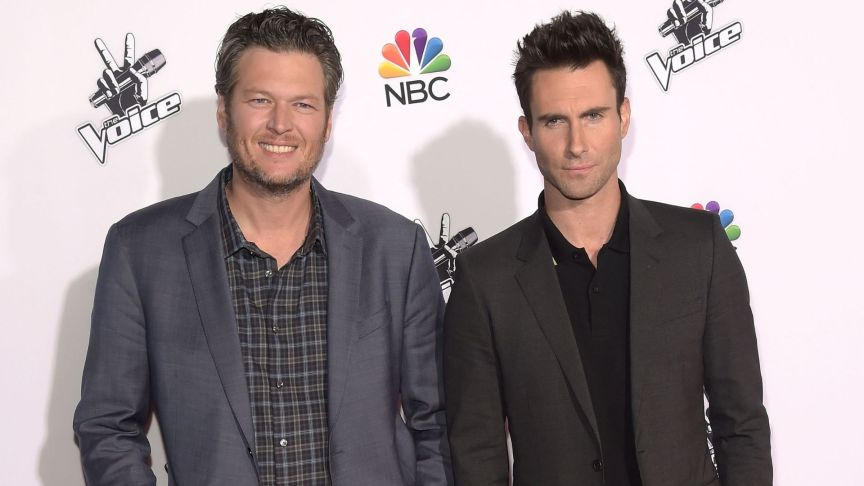 Singers Blake Shelton and Adam Levine attend NBC's "The Voice" Season 7 Red Carpet Event at Universal CityWalk on November 24, 2014